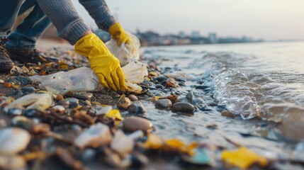 Person in yellow gloves picking up plastic trash from a rocky beach shoreline