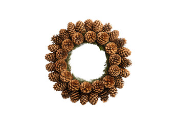Pine cone wreath with evergreen sprigs, natural woodland design, festive circular arrangement, winter decoration, isolated on a transparent background