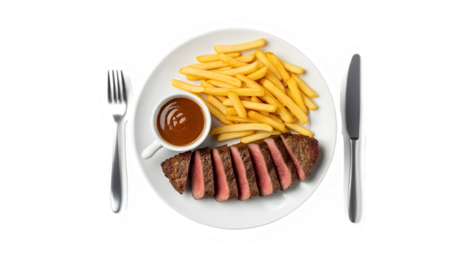 Deliciously grilled steak served with crispy french fries and a side of rich dipping sauce