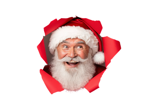 Smiling Santa Claus breaking through ripped red paper with delighted expression and festive attire, isolated on a transparent background