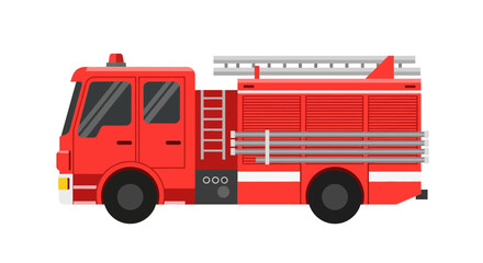 Red fire truck with ladder on top, side view, on white background.