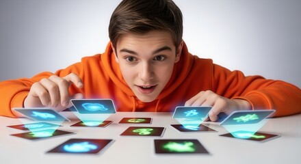 An excited teenage boy plays a futuristic augmented reality card game with glowing holograms. Beta generation interacting with modern gaming technology