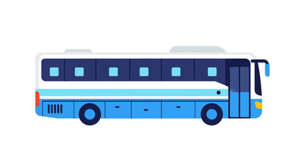 Illustration of a blue and white bus with a row of windows and a side door. © crsnd