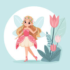 cute, art, wings, illustration, magic, cartoon, character, fairytale, fairy, dress, design, purple, girl, flying, flower, dream, delicate, enchantment, fantasy, creativity, child, glow, charm, happine