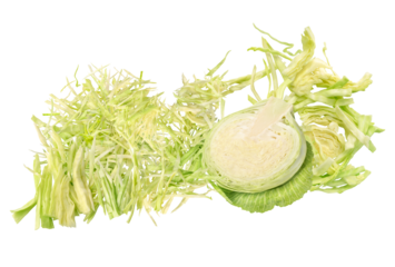 photograph of fresh green cabbage arranged in a dynamic composition, featuring finely shredded leaves and a quartered head, isolated on a transparent background.
