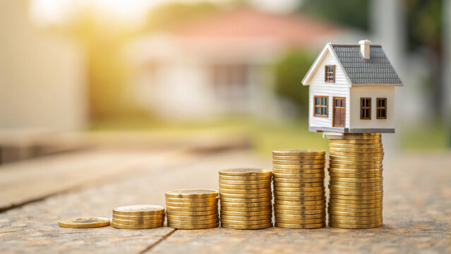 Modern house model on stacked coin growth wealth plan creation business goals finance inspiring investment concept - Powered by Adobe