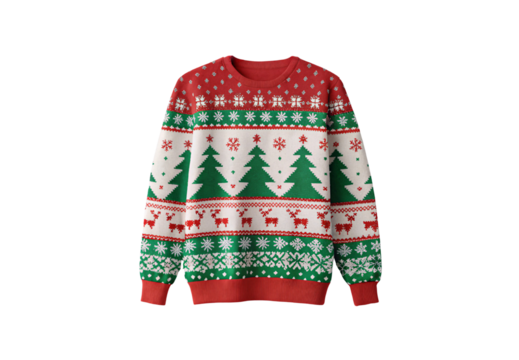 Festive holiday sweater, knitted winter garment with Christmas trees reindeer and snowflake patterns, isolated on a transparent background