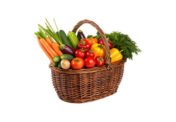 Large wicker basket overflowing with assorted fresh vegetables peppers tomatoes carrots zucchini and leafy greens, isolated on a transparent background