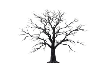 Leafless bare tree illustration, detailed black branching structure showing natural winter dormant state, isolated on a transparent background