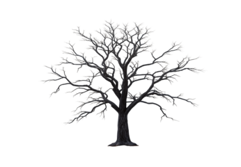Leafless bare tree illustration, detailed black branching structure showing natural winter dormant state, isolated on a transparent background