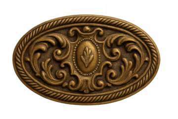 Ornate oval brass medallion showcasing classical vintage decorative embossed filigree with intricate golden scrollwork