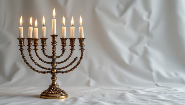 A captivating 3D rendering of an antique bronze menorah adorned with lit candles against a transparent background