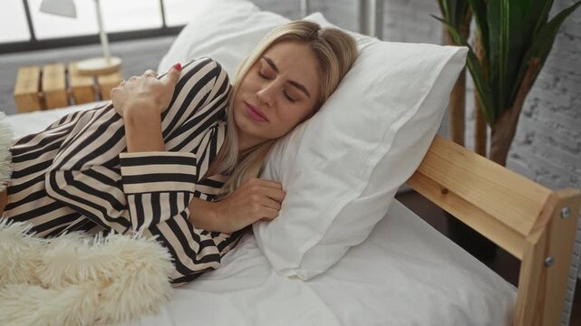 Blonde woman hugging pillow and resting her cheek on soft cushion on bed in building in morning light; serenity.