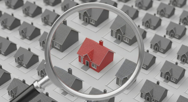 Red house under magnifying glass highlights property search pay off debts business goals finance and focused investment opportunity in real estate market with contrast and analytical mood