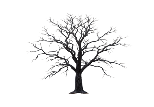 Leafless bare tree illustration, detailed black branching structure showing natural winter dormant state, isolated on a transparent background
