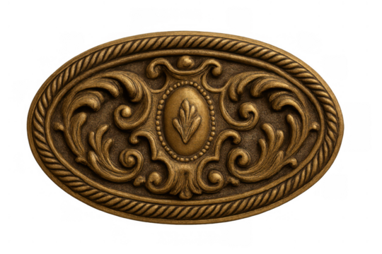 Ornate oval brass medallion showcasing classical vintage decorative embossed filigree with intricate golden scrollwork