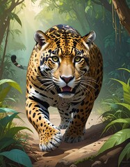 Large jungle cat, walking forward on path, surrounded by lush green foliage