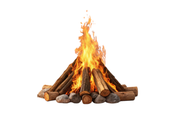 Roaring bonfire with tall flames, stacked wooden logs and rock ring foundation arrangement, isolated on a transparent background