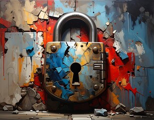 Large metallic padlock, keyhole visible, breaking away a painted surface