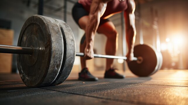 Muscular athlete bending to deadlift a heavy barbell on a rubber gym floor