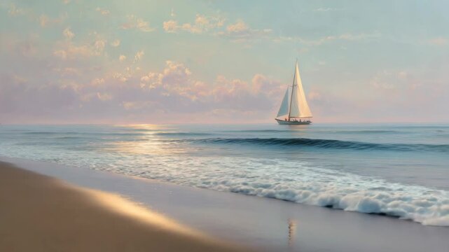 Sailboat at sunset: tranquil ocean waves and serene beachscape