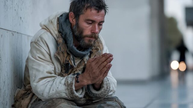 Homeless person sitting on sidewalk with folded hands in urban environment, seeking assistance in the early morning light