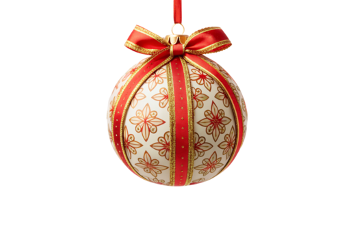 Decorative Christmas bauble with intricate red and gold striped design, festive bow topper, isolated on a transparent background