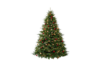 Fototapeta premium Decorated evergreen Christmas tree with red and gold ornaments, warm lights throughout, isolated on a transparent background