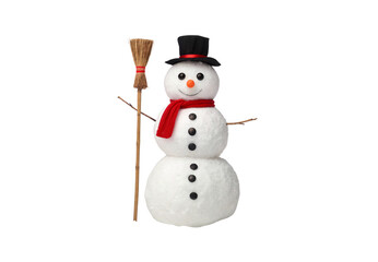 Traditional three-tier snowman wearing black top hat, red scarf, holding broom, coal buttons, isolated on a transparent background