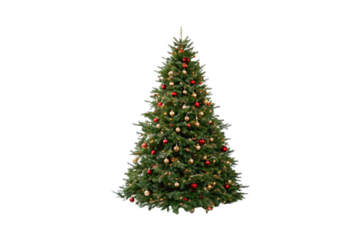 Decorated evergreen Christmas tree with red and gold ornaments, warm lights throughout, isolated on a transparent background - Powered by Adobe
