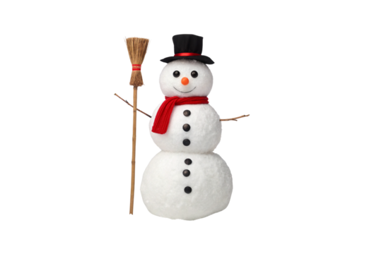Traditional three-tier snowman wearing black top hat, red scarf, holding broom, coal buttons, isolated on a transparent background