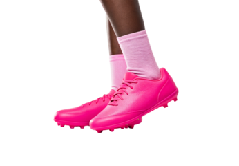 Hot pink football cleats with molded studs, worn with light pink socks, isolated on a transparent background