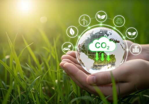 Hands holding globe with co two cloud and green energy icons in a grassy field on a sunny day
