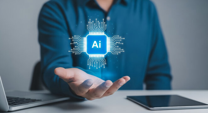Agentic ai workflow chip artificial intelligence circuit board hand technology hologram microchip processor digital innovation blue person business office tablet laptop modern glowing data concept
