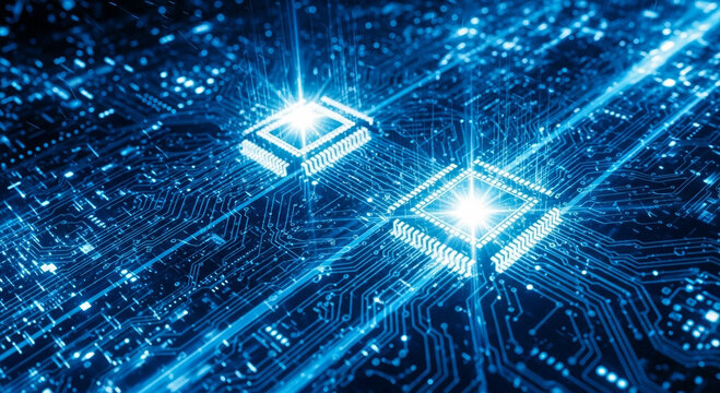 Quantum computing processing microchip circuit board blue light glowing chip technology abstract data motherboard electronic futuristic