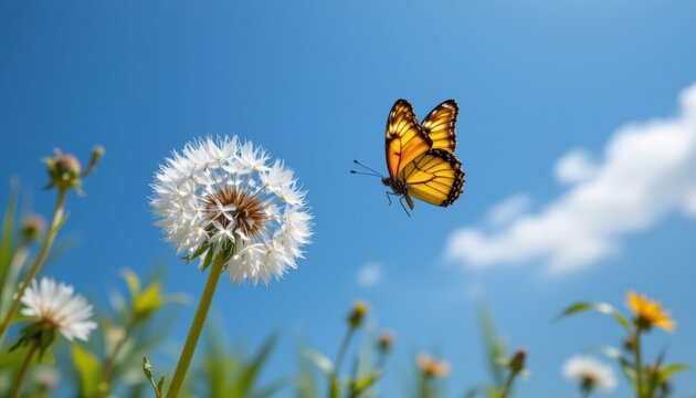 Fototapeta A hyper realistic image of a white dandelion with a flying butterfly against the backdrop of a clear blue sky