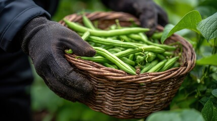 Farmer’s hands in black gloves holding a basket of freshly harvested green beans