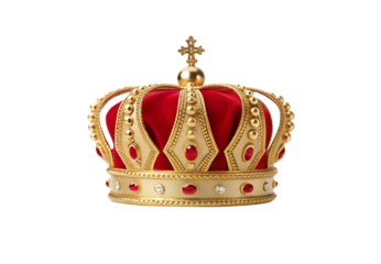 Ornate royal crown with red velvet cap, gold metalwork, jewels and cross, isolated on a transparent background