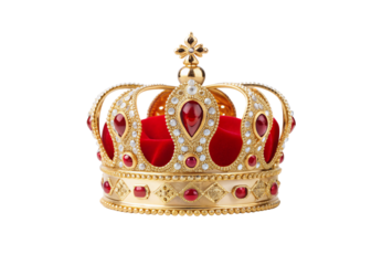 Elaborate ceremonial crown featuring gold filigree, red gems, pearls and decorative cross, isolated on a transparent background