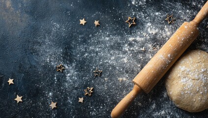 Baking setup Dough, rolling pin, star shapes & flour on dark surface