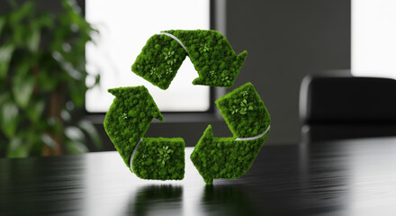 Green moss recycle symbol on office table promotes circular economy initiative for sustainable workplace and eco friendly design with optimistic natural mood