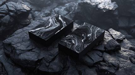 Two Black Business Cards Mockup On Stones. Generative Ai