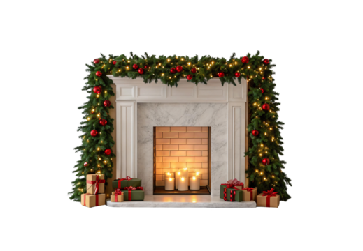 Elegant marble fireplace adorned with frosted garland, red baubles, warm lights, candles, and holiday presents, isolated on a transparent background