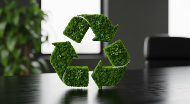 Green moss recycle symbol on office table promotes circular economy initiative for sustainable workplace and eco friendly design with optimistic natural mood