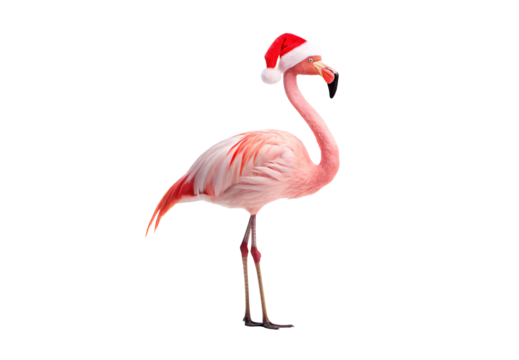 Standing pink flamingo with Santa hat, elegant tropical bird displaying coral plumage and distinctive curved beak, isolated on a transparent background - Powered by Adobe