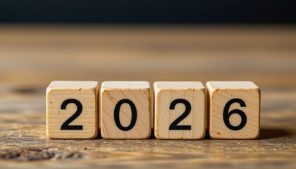 Create an image featuring wooden cubes arranged in a way that represents a strategic business goal planning concept for the year 2