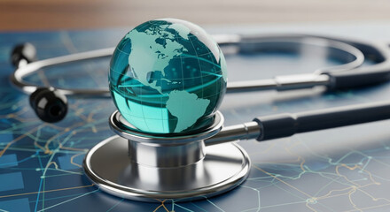 Global health policy globe on stethoscope representing international healthcare strategy and medical collaboration for better public wellbeing and system planning
