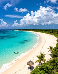 Aerial view reveals a picturesque beach with white sands, turquoise waters, and lush greenery