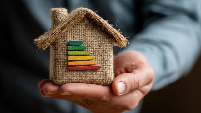Hand holding a burlap house model with an energy efficiency rating display