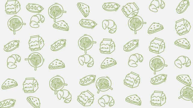 A cute, seamless looping pattern background animation. Features minimalist green hand-drawn doodles of breakfast food, like croissants, milk, and bread, floating on a white background.